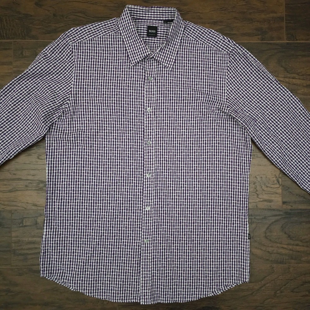 Hugo Boss Mens XL Purple Microcheck Textured Shirt  Preppycore Designer Business - Picture 2 of 10